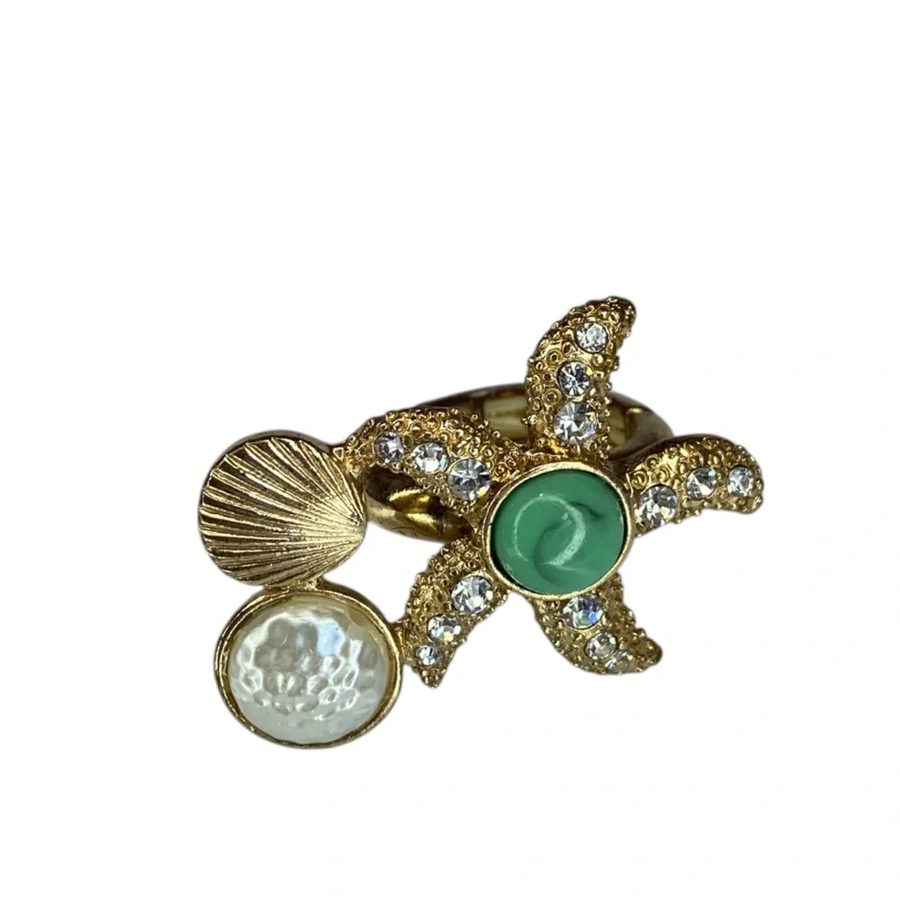 ⭐️Gold Starfish & Shell Statement Ring| with Green And Crystal Accents